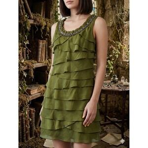 Whimsigoth Fairy Grunge Olive Green Tiered Dress 10P Beaded Renaissance Boho